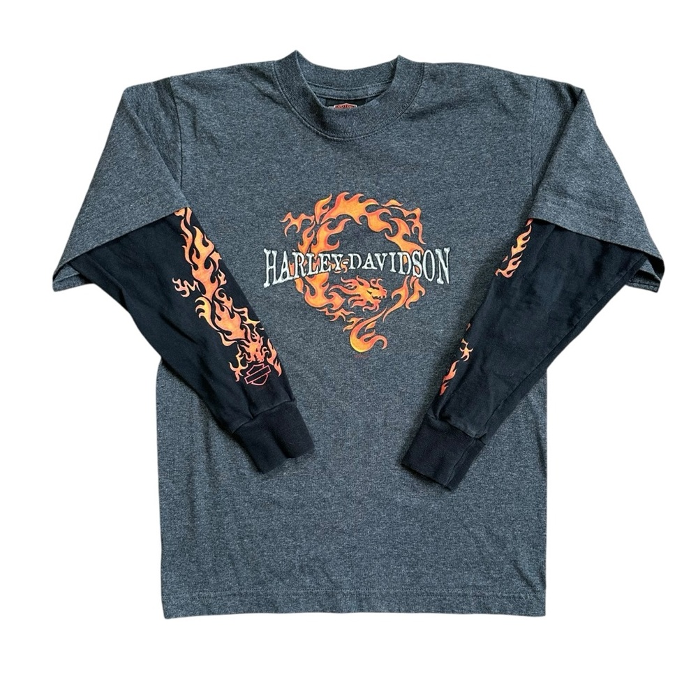 Harley Davidson Grey Black Flame Print Faux Layered Long Sleeve Shirt Med 10-12